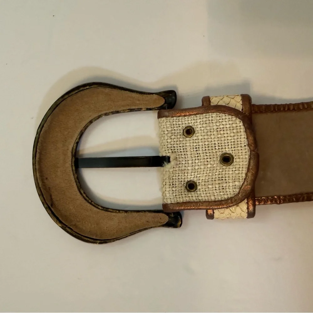 DUSTY BAKER BELT WIDE CREAM FABRIC SNAKESKIN METALLIC BRONZE GOLD SIZE M